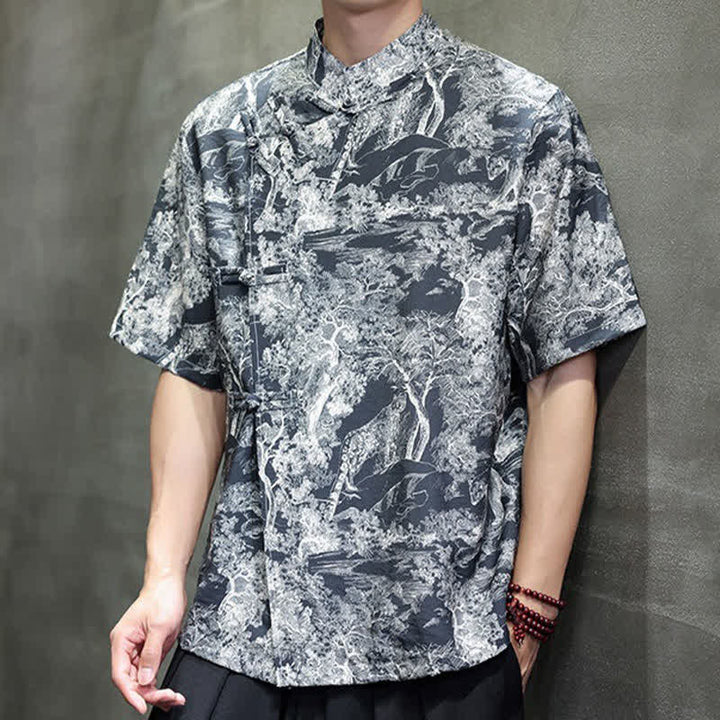 Buddha Stones Camisas de manga corta para hombre con estampado abstracto de árboles y botones de rana estilo verano Tang - image 5
