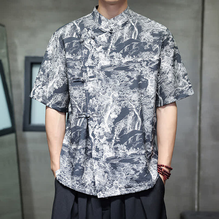 Buddha Stones Camisas de manga corta para hombre con estampado abstracto de árboles y botones de rana estilo verano Tang - Azul acero - US/UK/AU44, EU54 (4XL) - image 0
