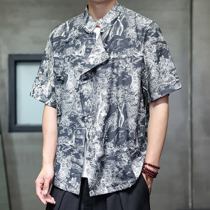 Buddha Stones Camisas de manga corta para hombre con estampado abstracto de árboles y botones de rana estilo verano Tang - image 9