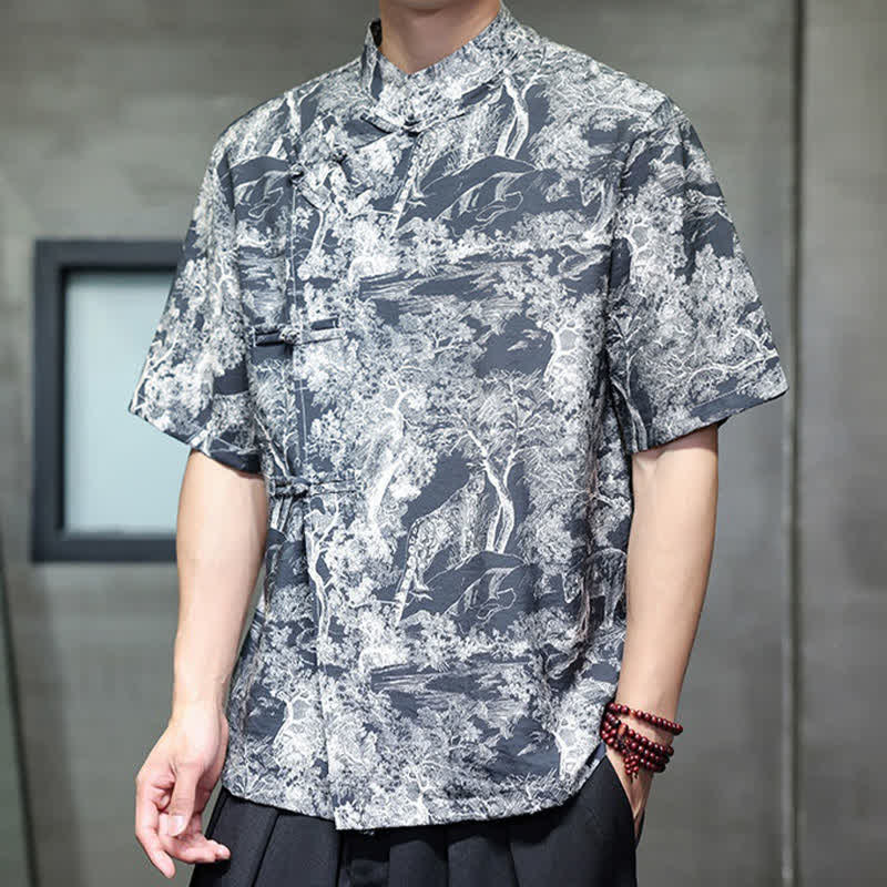 Buddha Stones Camisas de manga corta para hombre con estampado abstracto de árboles y botones de rana estilo verano Tang - image 8