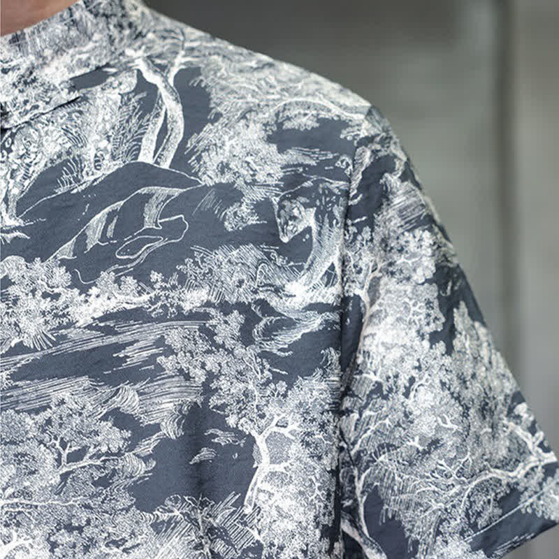 Buddha Stones Camisas de manga corta para hombre con estampado abstracto de árboles y botones de rana estilo verano Tang - image 11