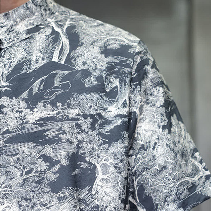 Buddha Stones Camisas de manga corta para hombre con estampado abstracto de árboles y botones de rana estilo verano Tang - image 11