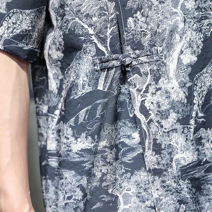 Buddha Stones Camisas de manga corta para hombre con estampado abstracto de árboles y botones de rana estilo verano Tang - image 12