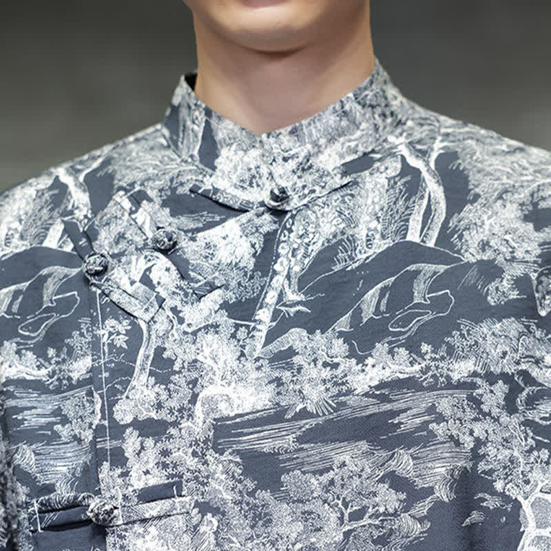 Buddha Stones Camisas de manga corta para hombre con estampado abstracto de árboles y botones de rana estilo verano Tang - image 10