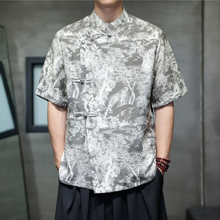 Buddha Stones Camisas de manga corta para hombre con estampado abstracto de árboles y botones de rana estilo verano Tang - Gris pizarra - US/UK/AU44, EU54 (4XL) - image 13