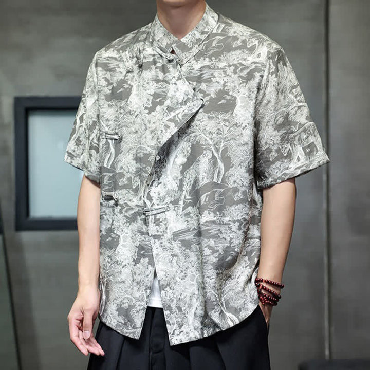 Buddha Stones Camisas de manga corta para hombre con estampado abstracto de árboles y botones de rana estilo verano Tang - image 15