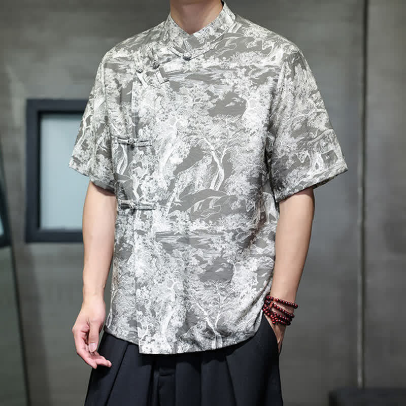 Buddha Stones Camisas de manga corta para hombre con estampado abstracto de árboles y botones de rana estilo verano Tang - image 18
