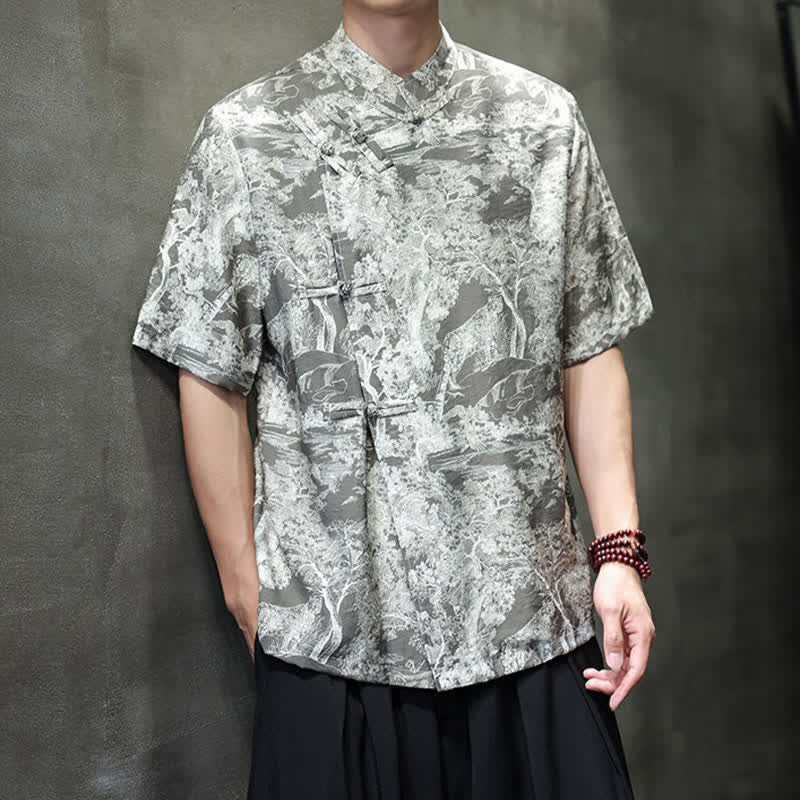 Buddha Stones Camisas de manga corta para hombre con estampado abstracto de árboles y botones de rana estilo verano Tang - image 20