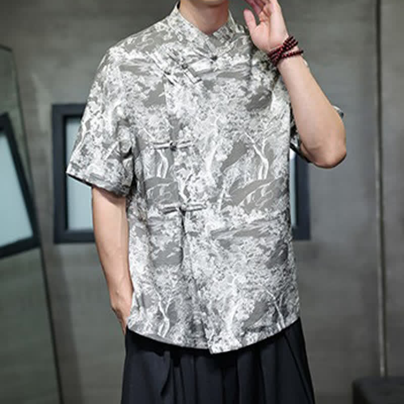 Buddha Stones Camisas de manga corta para hombre con estampado abstracto de árboles y botones de rana estilo verano Tang - image 19