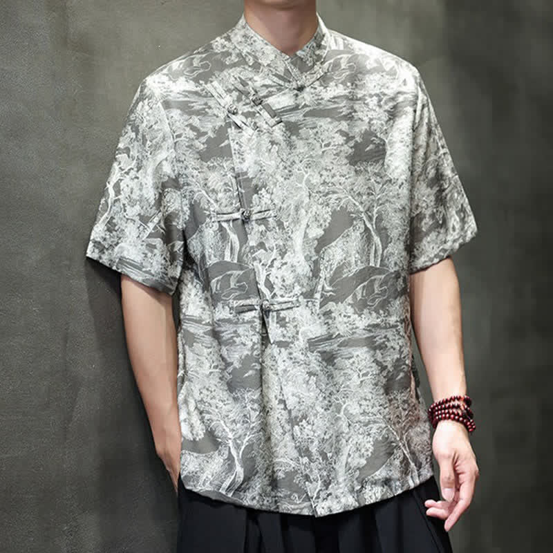Buddha Stones Camisas de manga corta para hombre con estampado abstracto de árboles y botones de rana estilo verano Tang - image 22