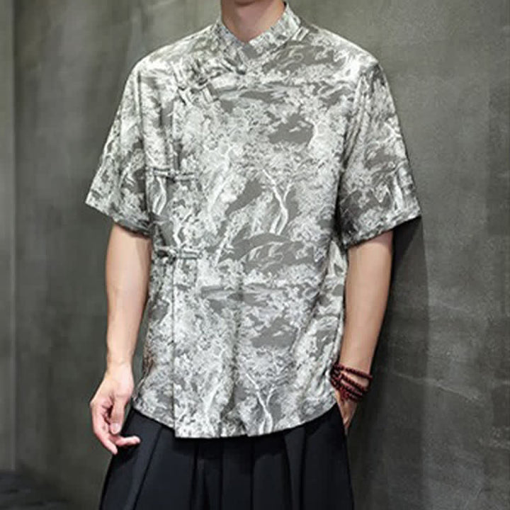 Buddha Stones Camisas de manga corta para hombre con estampado abstracto de árboles y botones de rana estilo verano Tang - image 17