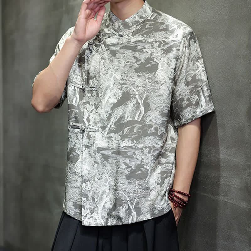 Buddha Stones Camisas de manga corta para hombre con estampado abstracto de árboles y botones de rana estilo verano Tang - image 21