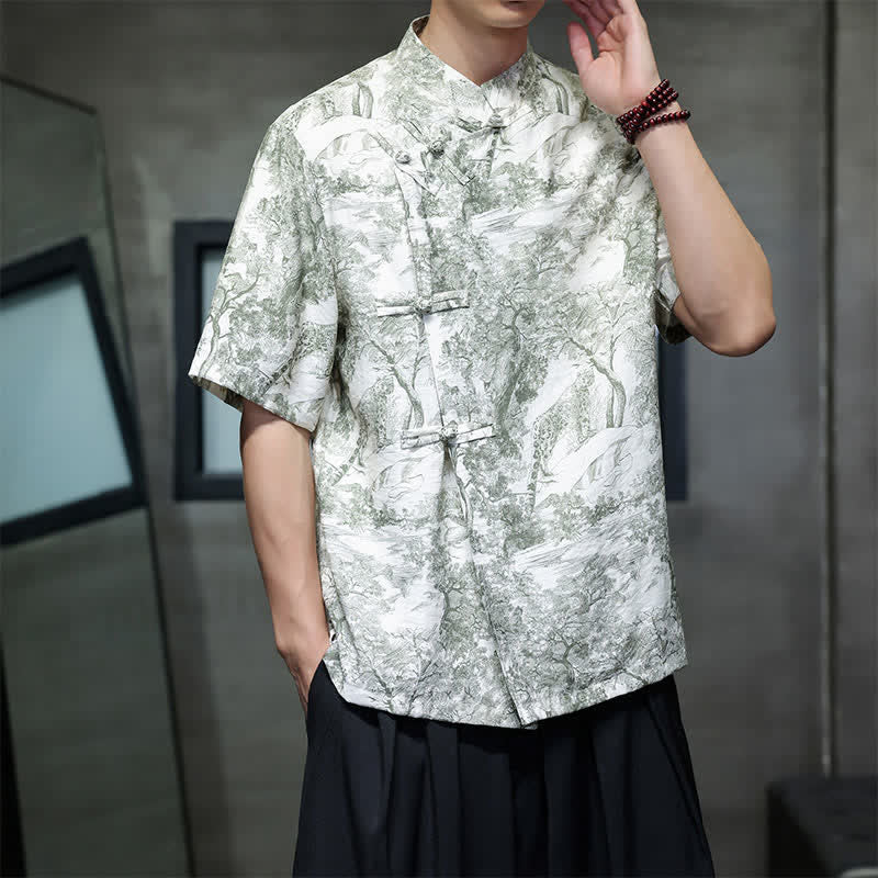 Buddha Stones Camisas de manga corta para hombre con estampado abstracto de árboles y botones de rana estilo verano Tang - image 24