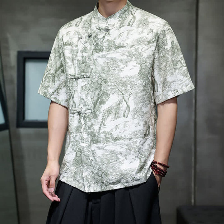 Buddha Stones Camisas de manga corta para hombre con estampado abstracto de árboles y botones de rana estilo verano Tang - image 25