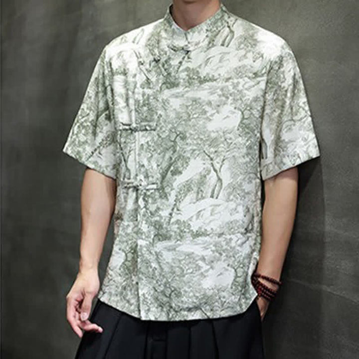 Buddha Stones Camisas de manga corta para hombre con estampado abstracto de árboles y botones de rana estilo verano Tang - image 31