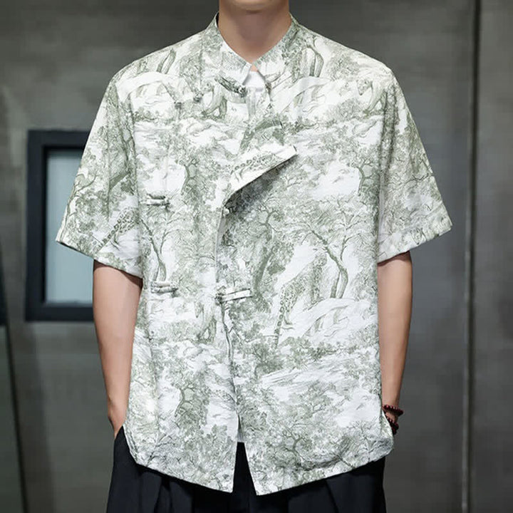 Buddha Stones Camisas de manga corta para hombre con estampado abstracto de árboles y botones de rana estilo verano Tang - image 30