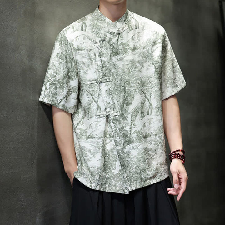 Buddha Stones Camisas de manga corta para hombre con estampado abstracto de árboles y botones de rana estilo verano Tang - image 29