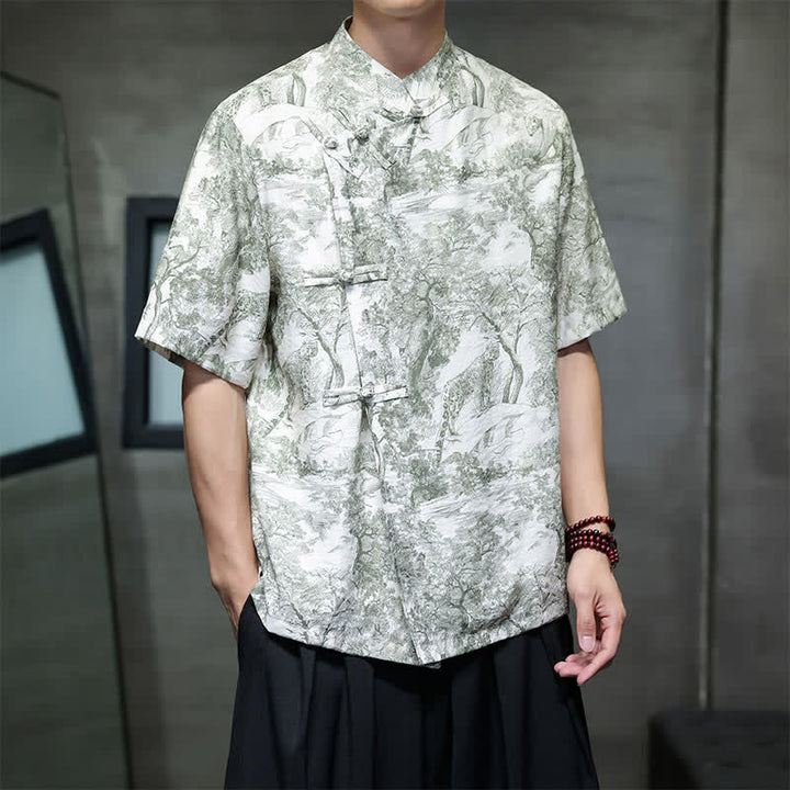 Buddha Stones Camisas de manga corta para hombre con estampado abstracto de árboles y botones de rana estilo verano Tang - image 32