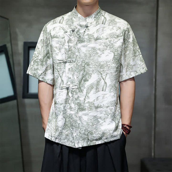 Buddha Stones Camisas de manga corta para hombre con estampado abstracto de árboles y botones de rana estilo verano Tang - Verde mar oscuro - US/UK/AU44, EU54 (4XL) - image 23