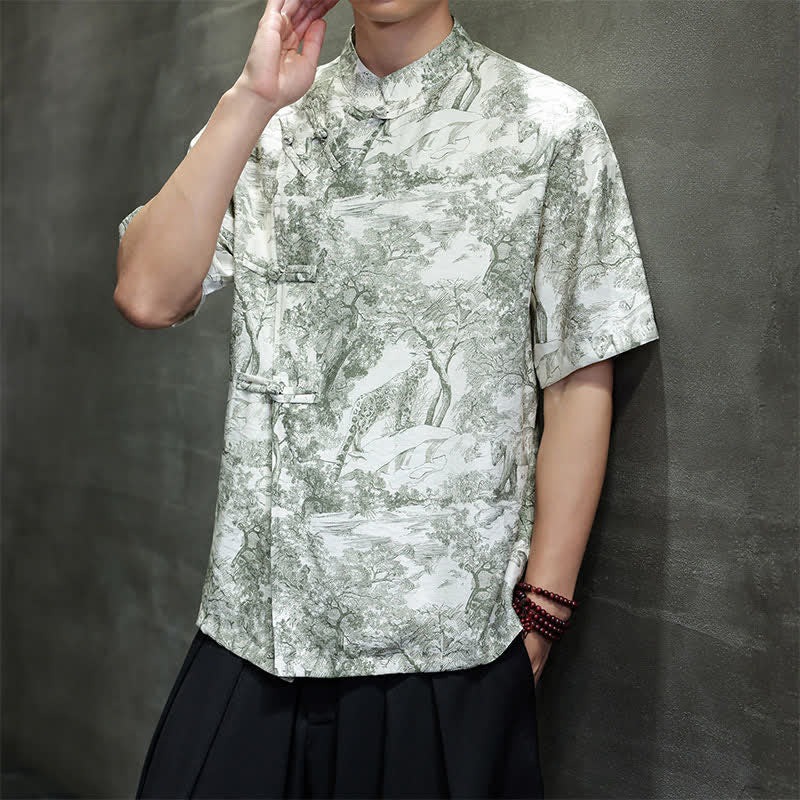 Buddha Stones Camisas de manga corta para hombre con estampado abstracto de árboles y botones de rana estilo verano Tang - image 34