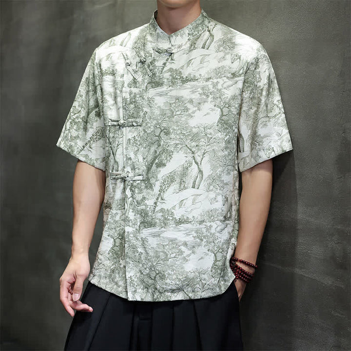 Buddha Stones Camisas de manga corta para hombre con estampado abstracto de árboles y botones de rana estilo verano Tang - image 33