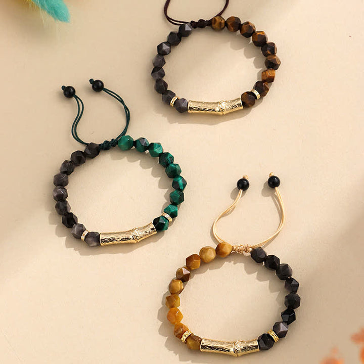Buddha Stones Pulsera facetada de obsidiana ojo de tigre con brillo plateado y crecimiento de bambú - image 11