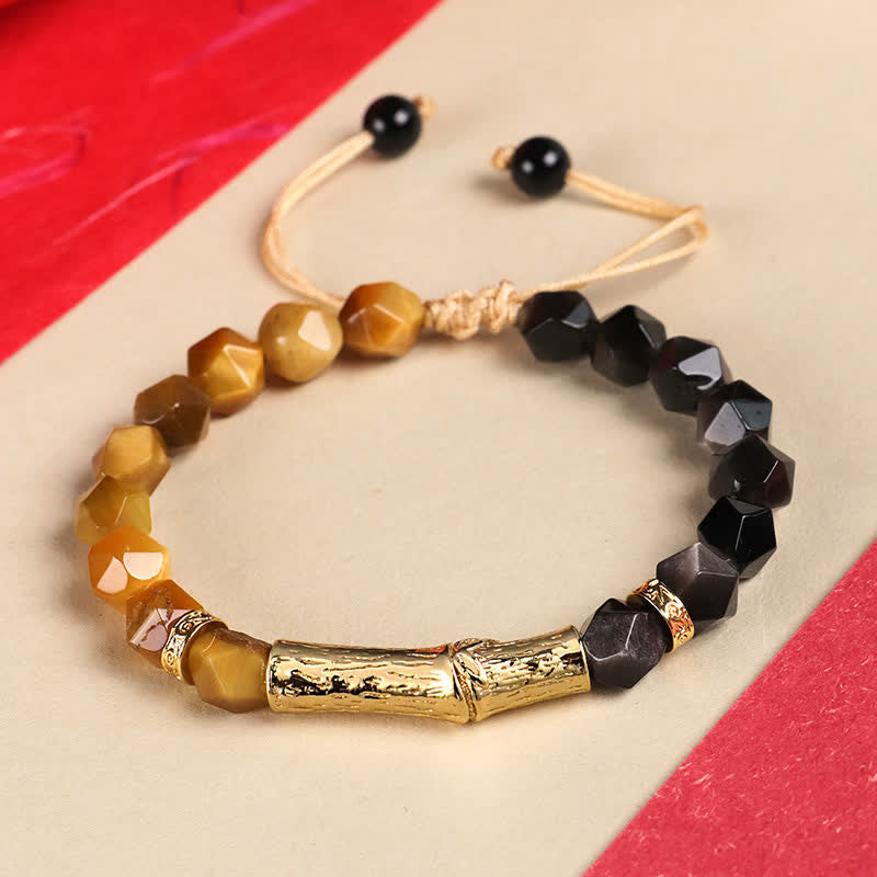 Buddha Stones Pulsera facetada de obsidiana ojo de tigre con brillo plateado y crecimiento de bambú - Obsidiana plateada y ojo de tigre dorado - Ojo de Tigre (Protección♥Fuerza) - image 2