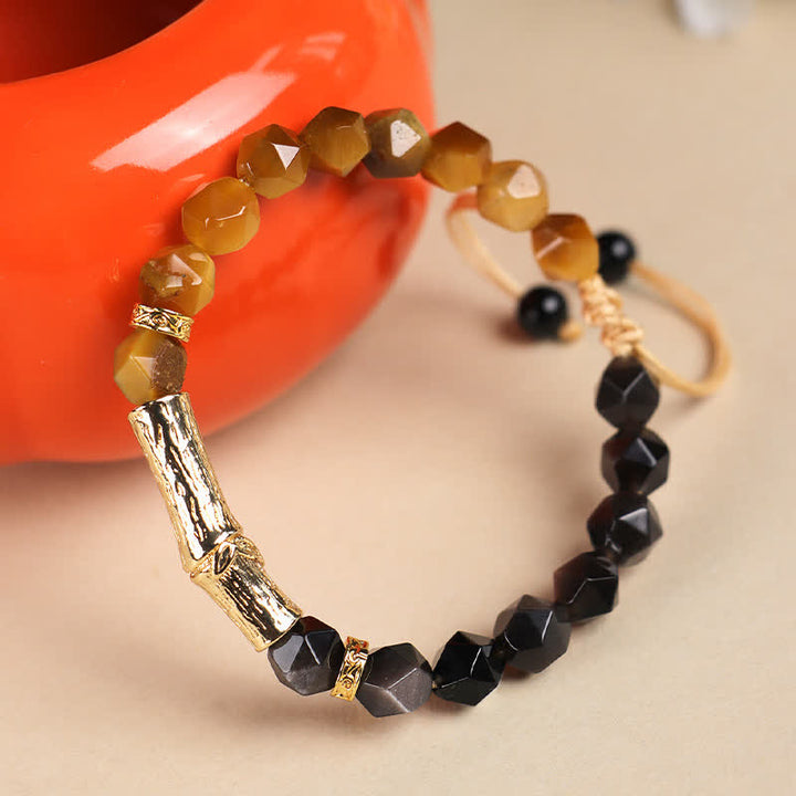 Buddha Stones Pulsera facetada de obsidiana ojo de tigre con brillo plateado y crecimiento de bambú - image 7