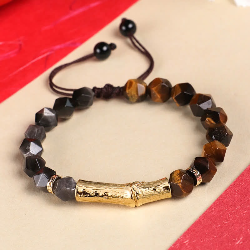 Buddha Stones Pulsera facetada de obsidiana ojo de tigre con brillo plateado y crecimiento de bambú - Obsidiana plateada brillante y ojo de tigre amarillo - Ojo de Tigre (Protección♥Fuerza) - image 0