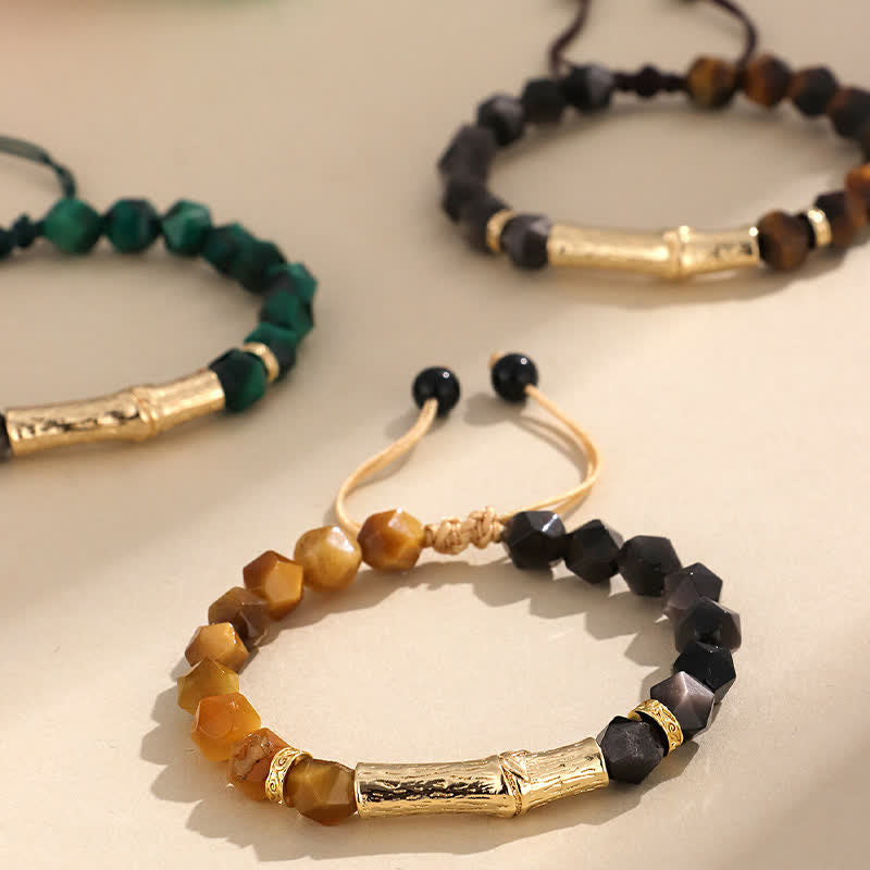 Buddha Stones Pulsera facetada de obsidiana ojo de tigre con brillo plateado y crecimiento de bambú - image 12