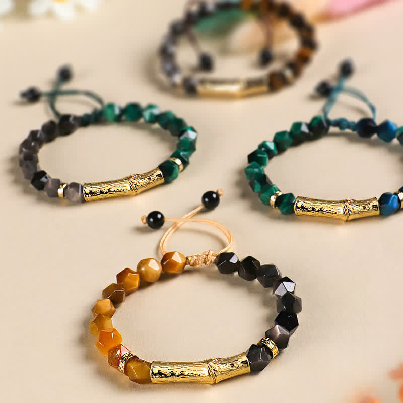 Buddha Stones Pulsera facetada de obsidiana ojo de tigre con brillo plateado y crecimiento de bambú - image 13