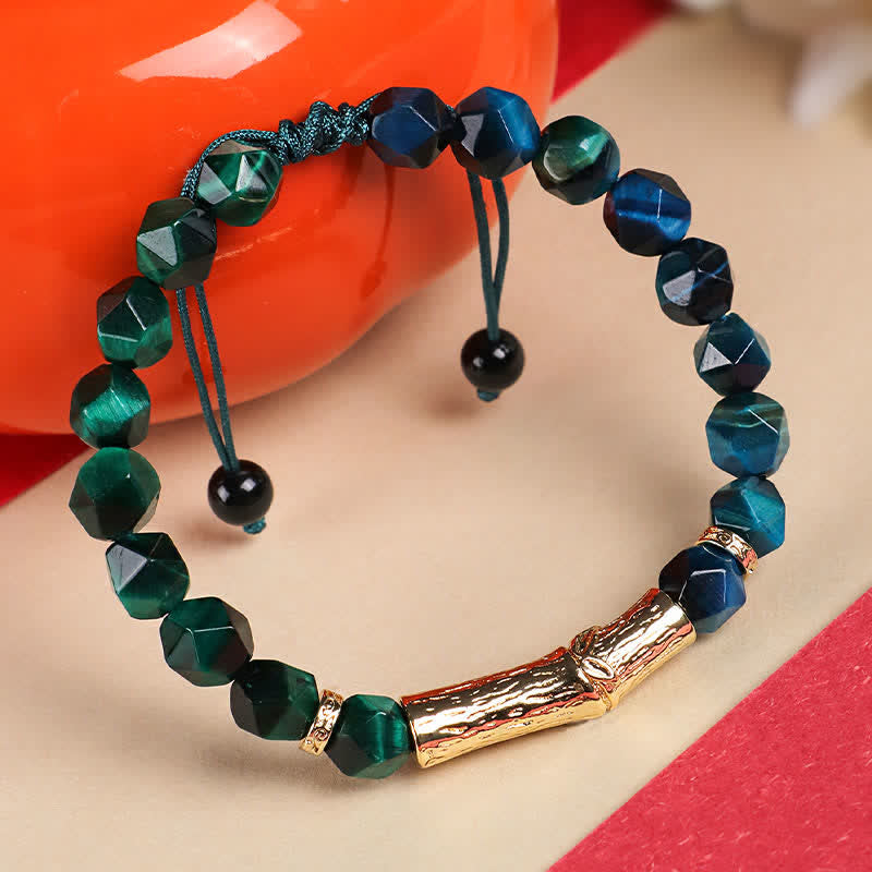 Buddha Stones Pulsera facetada de obsidiana ojo de tigre con brillo plateado y crecimiento de bambú - image 9