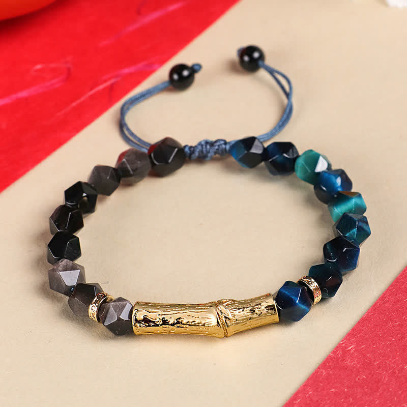 Buddha Stones Pulsera facetada de obsidiana ojo de tigre con brillo plateado y crecimiento de bambú - Obsidiana plateada brillante y ojo de tigre azul - Ojo de Tigre (Protección♥Fuerza) - image 1