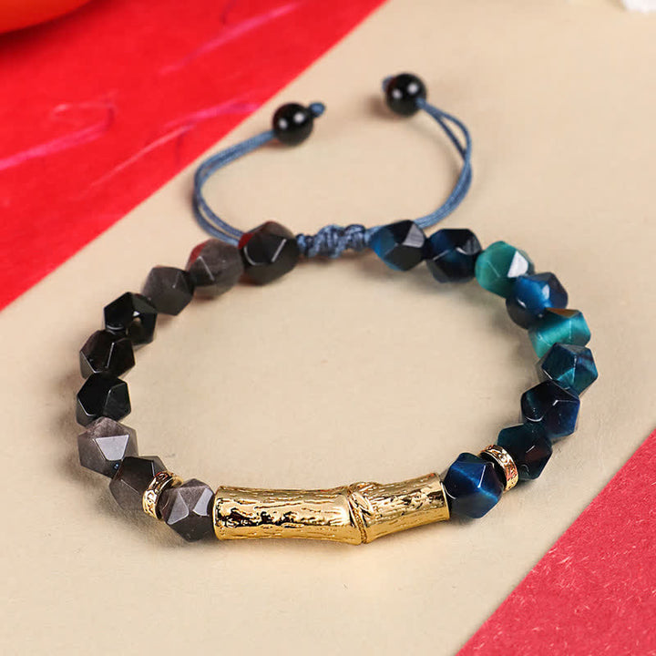 Buddha Stones Pulsera facetada de obsidiana ojo de tigre con brillo plateado y crecimiento de bambú - Obsidiana plateada brillante y ojo de tigre azul - Ojo de Tigre (Protección♥Fuerza) - image 1