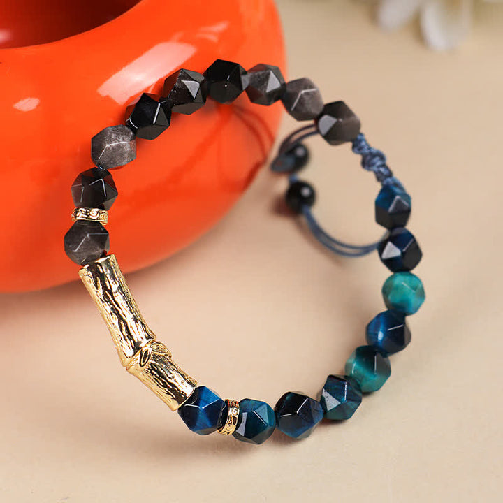 Buddha Stones Pulsera facetada de obsidiana ojo de tigre con brillo plateado y crecimiento de bambú - image 8