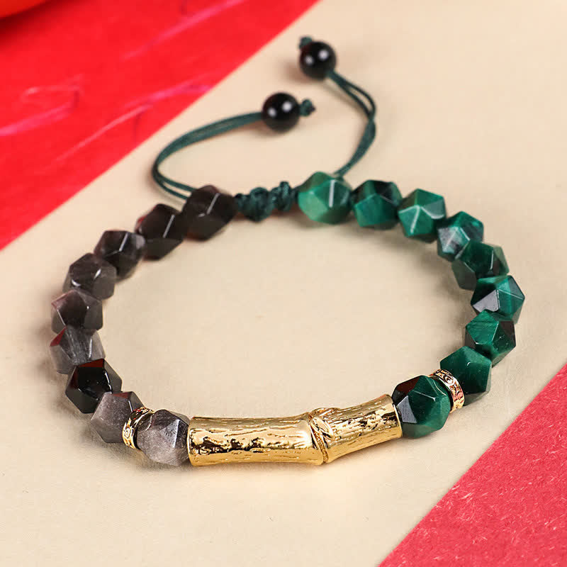 Buddha Stones Pulsera facetada de obsidiana ojo de tigre con brillo plateado y crecimiento de bambú - Obsidiana plateada brillante y ojo de tigre verde - Ojo de Tigre (Protección♥Fuerza) - image 3