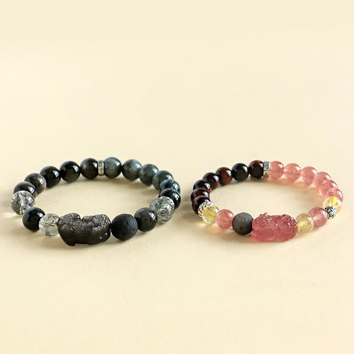 Buddha Stones Pulsera para parejas tallada a mano con cuarzo fresa y obsidiana con brillo plateado Pixiu Love. - image 8