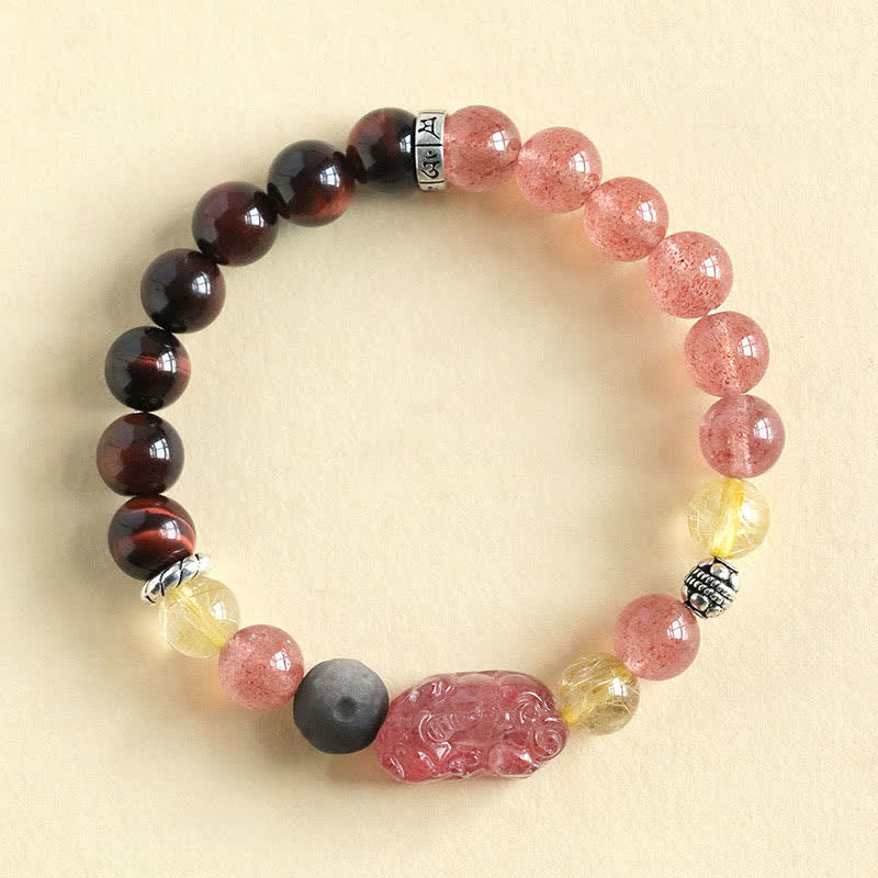 Buddha Stones Pulsera para parejas tallada a mano con cuarzo fresa y obsidiana con brillo plateado Pixiu Love. - Cuarzo fresa (Amor ♥ Sanación) - image 1