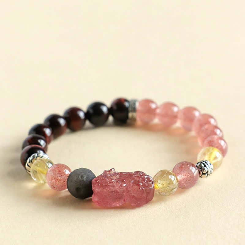 Buddha Stones Pulsera para parejas tallada a mano con cuarzo fresa y obsidiana con brillo plateado Pixiu Love. - image 3
