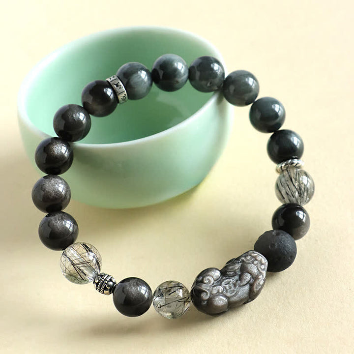 Buddha Stones Pulsera para parejas tallada a mano con cuarzo fresa y obsidiana con brillo plateado Pixiu Love. - image 2