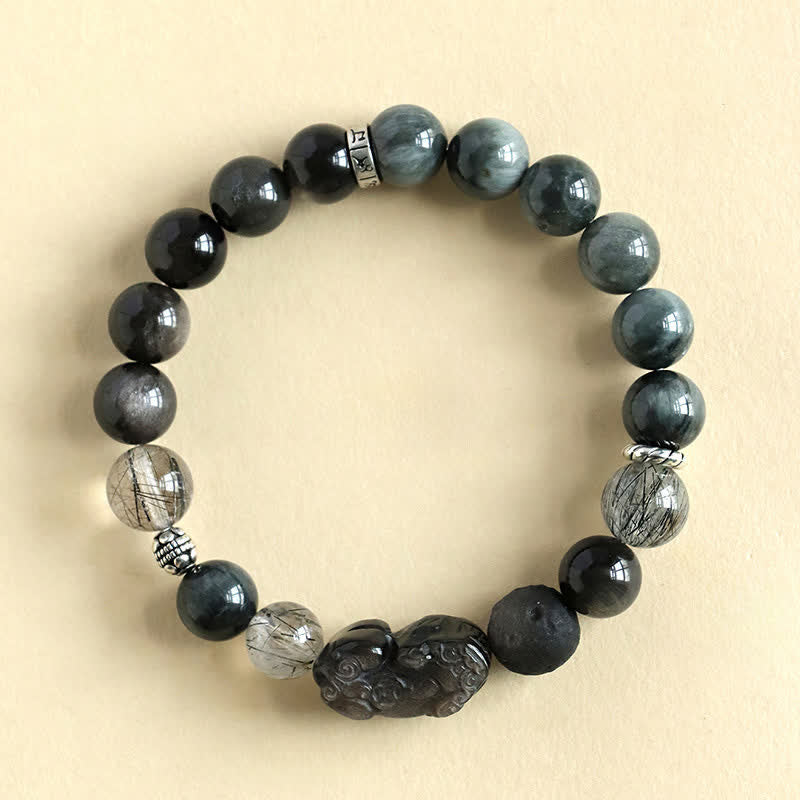 Buddha Stones Pulsera para parejas tallada a mano con cuarzo fresa y obsidiana con brillo plateado Pixiu Love. - Obsidiana con brillo plateado (Protección♥Calmante) - image 0