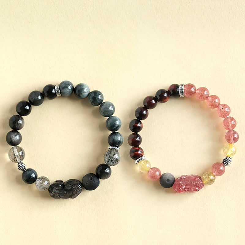 Buddha Stones Pulsera para parejas tallada a mano con cuarzo fresa y obsidiana con brillo plateado Pixiu Love. - image 4
