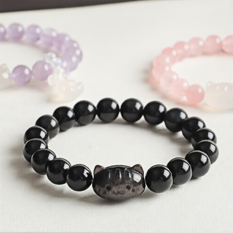 Buddha Stones Colgante de gato tallado a mano en obsidiana plateada brillante, pulsera hecha a mano que transmite calma - image 4