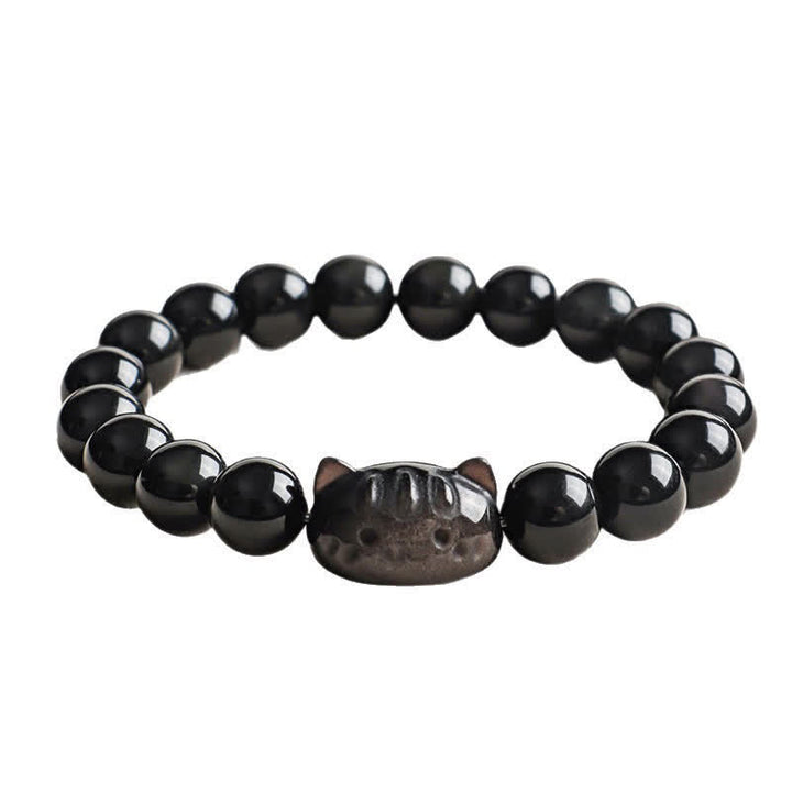 Buddha Stones Colgante de gato tallado a mano en obsidiana plateada brillante, pulsera hecha a mano que transmite calma - image 12