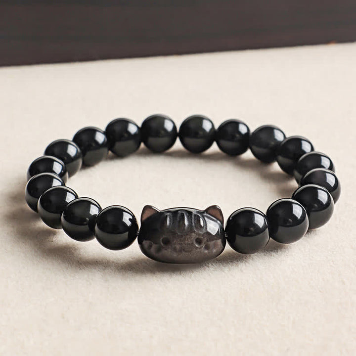 Buddha Stones Colgante de gato tallado a mano en obsidiana plateada brillante, pulsera hecha a mano que transmite calma - Obsidiana con brillo plateado (Enraizamiento ♥ Intuición) - image 0