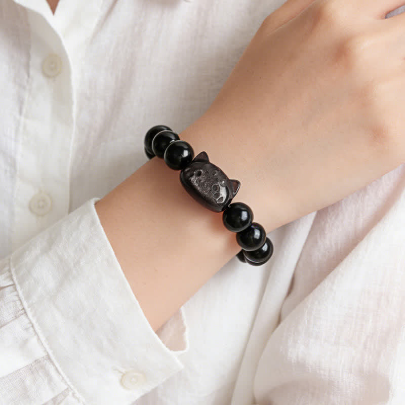 Buddha Stones Colgante de gato tallado a mano en obsidiana plateada brillante, pulsera hecha a mano que transmite calma - image 10