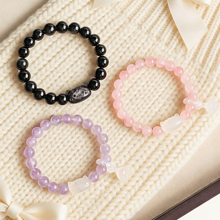 Buddha Stones Colgante de gato tallado a mano en obsidiana plateada brillante, pulsera hecha a mano que transmite calma - image 9