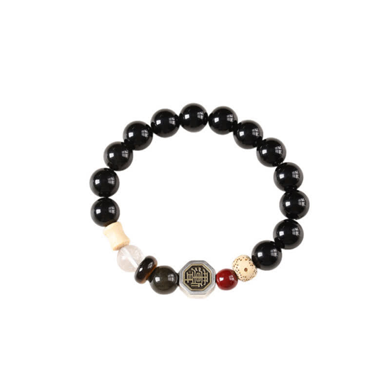 Buddha Stones Pulsera tibetana de cuentas redondas de protección Bagua de obsidiana negra - image 14