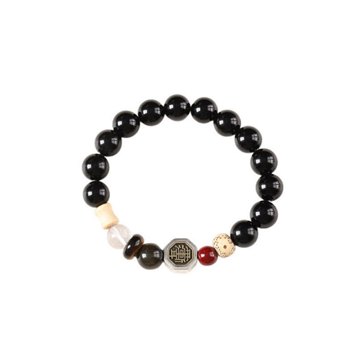 Buddha Stones Pulsera tibetana de cuentas redondas de protección Bagua de obsidiana negra - image 14