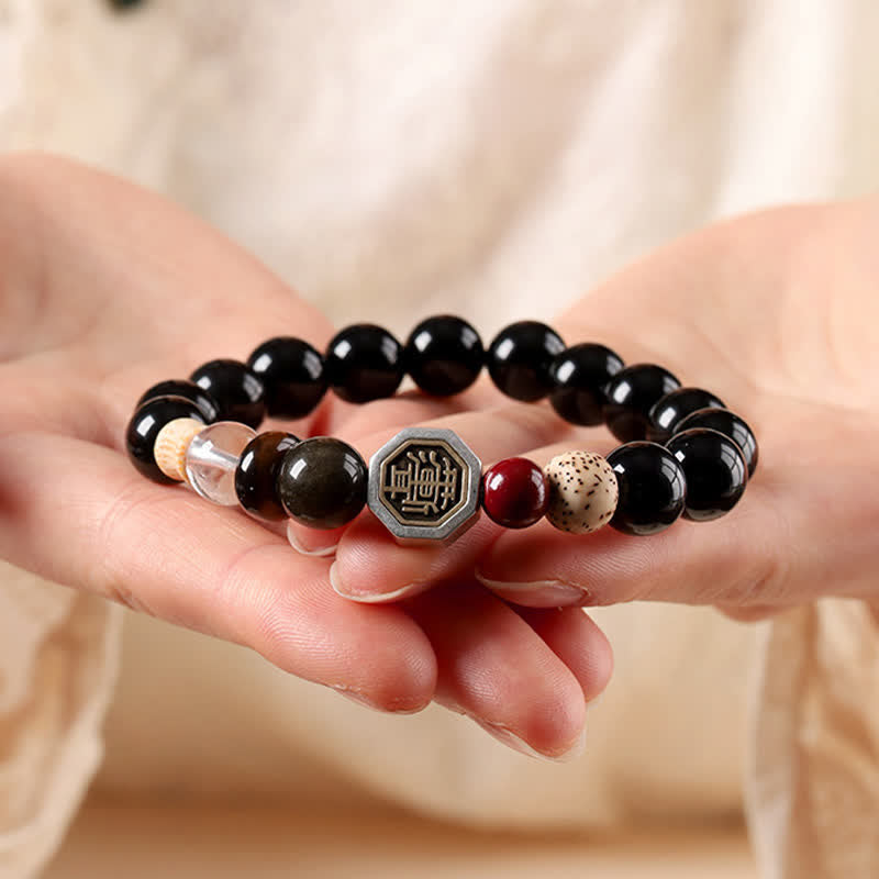 Buddha Stones Pulsera tibetana de cuentas redondas de protección Bagua de obsidiana negra - image 4